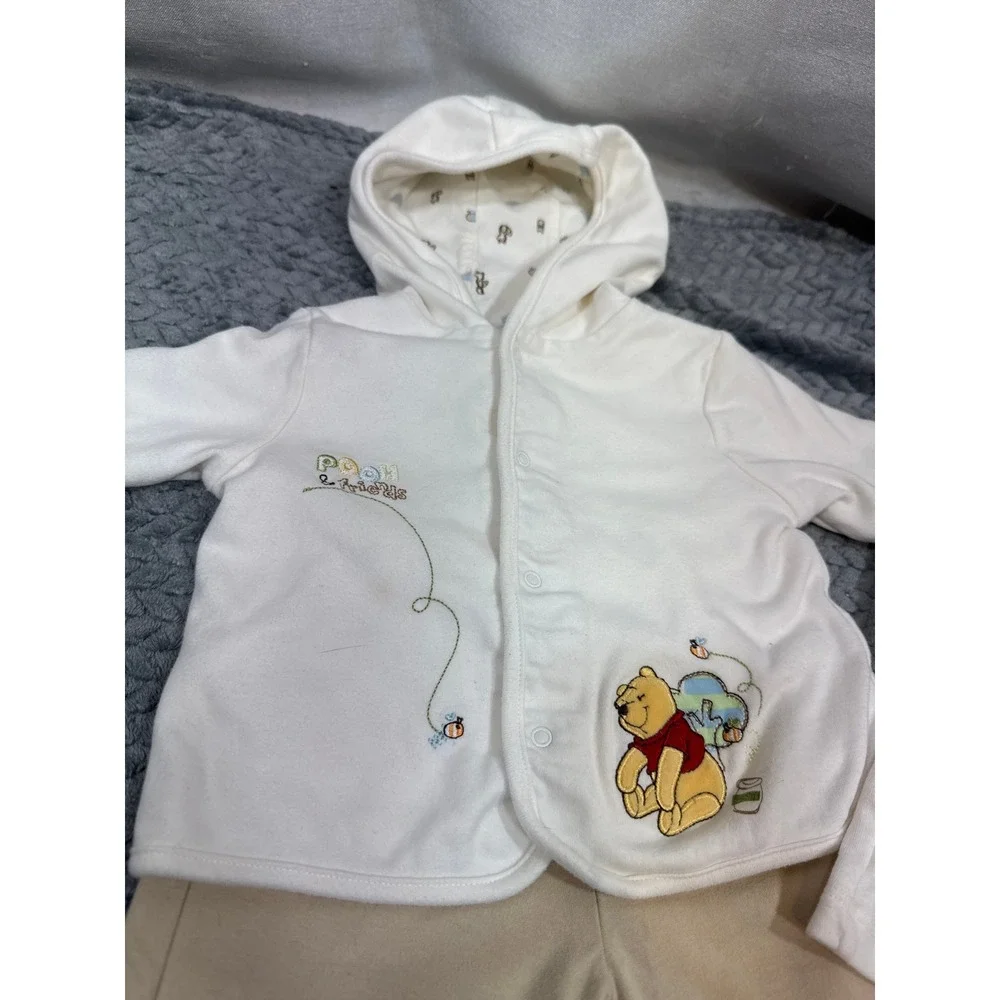Disney Baby Winnie the Pooh 3 Piece Set 6-9M White Tan‎ Cardigan Shirt Pants